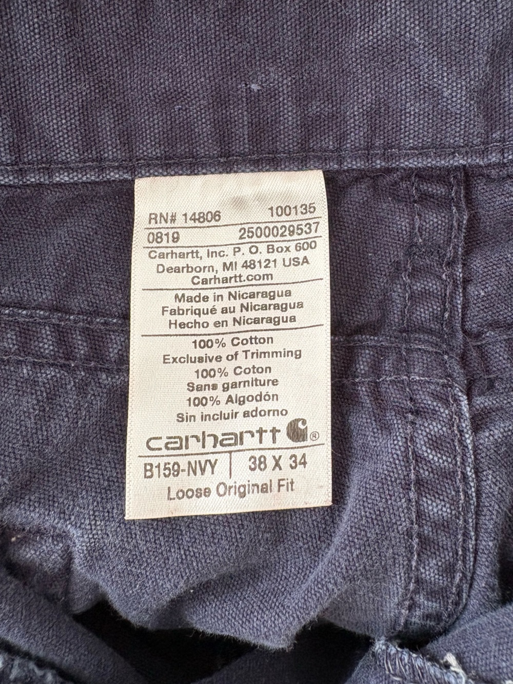 Carhartt B159 Loose Original Fit Carpenter Pants Navy 38x34 Workwear - Picture 7 of 7